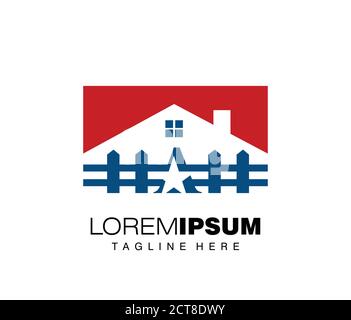 Ein Vektor Illustration von amerikanischen Zaun, Haus und Ranch Logo in blau und rot mit Stern-Symbol und Fenster-Symbol Stock Vektor
