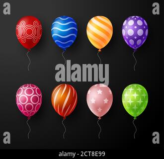 Set von realistisch verzierten dekorativen Vektor bunte Ballons auf schwarzem Hintergrund isoliert. Vector Kollektion Stock Vektor