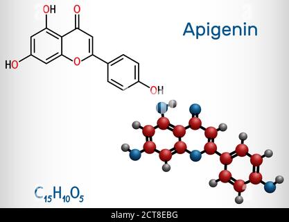 Apigenin, C15H10O5, Flavon, Aglycon-Molekül. Es ist pflanzlich abgeleitetes Flavonoid, zeigt antiproliferative, entzündungshemmende, antimetastatische Aktivität Stock Vektor