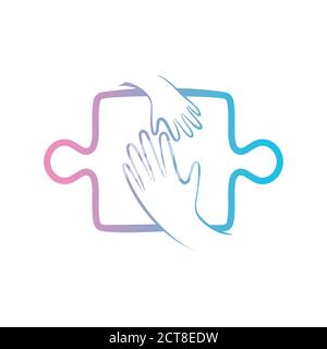 Ein Vektor Illustration von Puzzle und Hand unterstützen Entwicklung Gesundheit Logo Stock Vektor