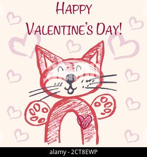 Nette Illustration, Postkarte. Grußkarte mit Herzen und niedlichen Tieren. Alles Liebe zum Valentinstag. Nette Katze in der Liebe Stock Vektor