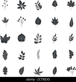 Trockene Blätter und Herbstblätter Symbol auf weißem Hintergrund gesetzt, Silhouette Stil, Vektor-Illustration Stock Vektor