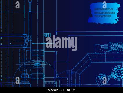 Technischer abstrakter Hintergrund. Mechanische Instrumentenherstellung. Blaues Neon Stock Vektor