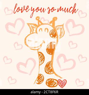 Nette Illustration, Postkarte. Valentinstag. Herzlichen Glückwunsch, Liebeserklärungen. Ich liebe dich so sehr. Niedliche Giraffe Stock Vektor