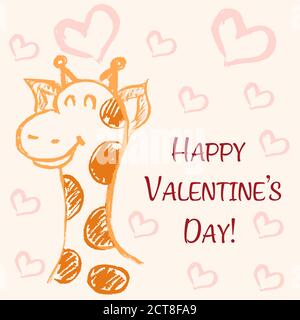 Nette Illustration, Postkarte. Grußkarte mit Herzen und niedlichen Tieren. Alles Liebe zum Valentinstag. Schöne Giraffe in der Liebe Stock Vektor