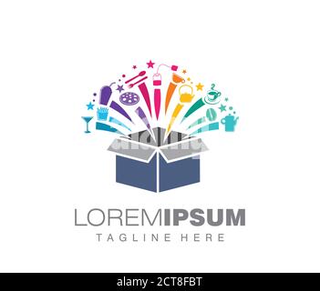 Eine Vektordarstellung des Lebensmittel-und Getränke-Logo-Zeichen mit Lebensmittel- und Getränkeausrüstung springt aus einer Kiste heraus Stock Vektor