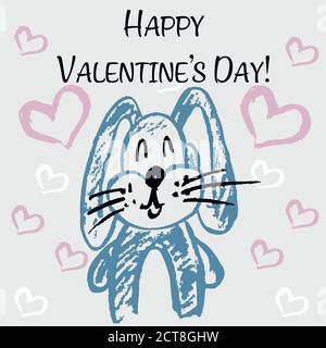 Nette Illustration, Postkarte. Grußkarte mit Herzen und niedlichen Tieren. Alles Liebe zum Valentinstag. Ich liebe Hase Stock Vektor