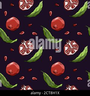 Granatapfel mit Blättern auf violettem Hintergrund. Obst nahtlose Muster für Tapeten, Wickelpapier, Schlafwagen, Badfliesen, Kleidung oder Bettwäsche. Telefontasche oder Stock Vektor