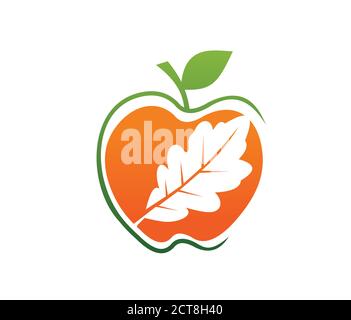 Eine Vektordarstellung von Apfel und Blatt-Logo-Zeichen in Grün und orange Farbkombination Stock Vektor