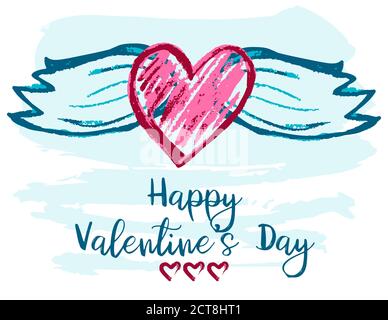 Nette Illustration, Postkarte, Flyer, Banner. Grußkarten mit Herz und Flügeln. Happy Valentine's Day Stock Vektor