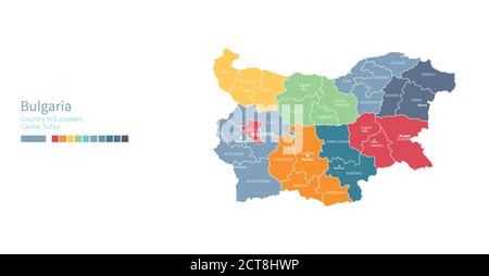 Bulgarien-Karte. Bunte detaillierte Vektorkarte des europäischen Landes. Stock Vektor