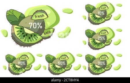 Kiwi Obst Verkauf Etikett Aufkleber auf weiß isoliert Hintergrund gesetzt. Rabattangebot für veganes Shop-Logo, Promo-Karte, gesunde Lebensmittel-Shop. Internet-Shop oder Web Stock Vektor