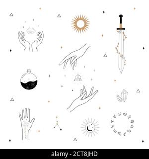 Vektor Witch magische Design-Elemente gesetzt. Handgezeichnete, Doodle, Skizze Zauberer Sammlung. Hexerei Symbole. Perfekt für Logo, Tattoo, Textil, Karten Stock Vektor