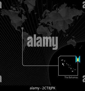 Die Bahamas auf der schwarzen Weltkarte. Karte und Flagge der Bahamas. Stock Vektor