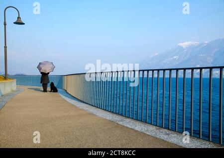Frau mit Regenschirm und Hund am Wasser mit Berg in der Schweiz. Stockfoto