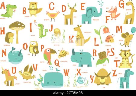 Alphabet und Tiere. ABC mit verschiedenen Tieren Stock Vektor