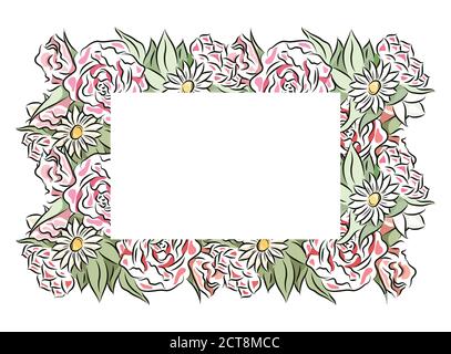 Zarte Rahmen von handgezeichneten Rosen und Kamillen mit einem Platz unter dem Text. Vektor-Vorlage für Einladungen, Karten, Briefe und Ihr Design. Stock Vektor