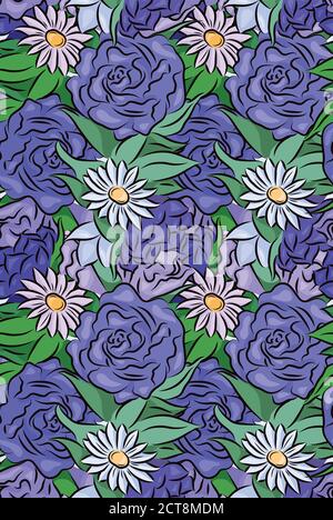 Nahtlose Textur mit handgezeichneten Blumen und Blättern. Rosen und Kamillen. Vektor-Muster für Ihre Kreativität. Stock Vektor