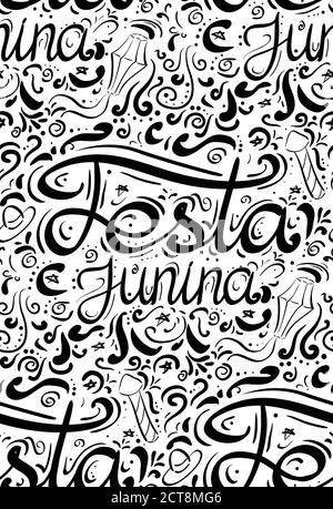 Nahtloses Muster mit Schriftzug Festa Junina. Handgezeichnete Schriftzüge. Vektor-Textur für festliche Postkarte, Grußkarte, Tapete und Ihr Design Stock Vektor