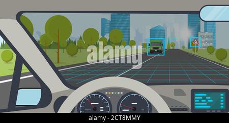 Innenraum des Fahrzeugs. Moderner Innenraum mit Lenkrad und Display. AI-Autopilot-Ansicht auf der Bildschirmanzeige. Autobahn zu Hügel, Stadt im Hintergrund. Autonom Stock Vektor