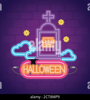 halloween Neonschild mit Grabstein und Wolken Stock Vektor