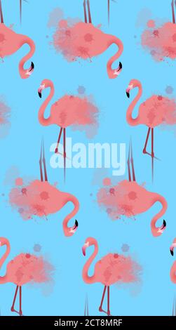 Nahtlose Textur von rosa Flamingos mit Wasserfarben Spritzer auf einem blauen Hintergrund. Vektorhintergrund für Ihre Kreativität Stock Vektor