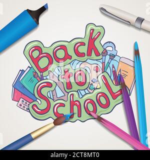 Vektor-Illustration mit Doodle-Text zurück in die Schule mit verschiedenen Schulbedarf mit Aquarellpinsel, Stift, Marker, Farbstifte. Kreativstudio, Stock Vektor