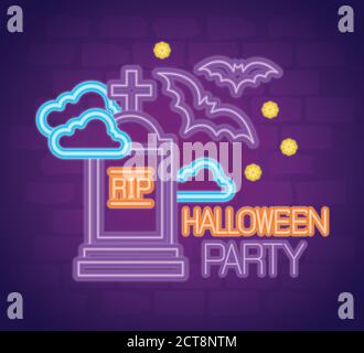 Party halloween Neon Schild mit Grabstein und Dekoration Stock Vektor
