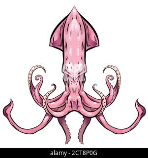 Bunte Illustration von Tintenfisch. Das Objekt ist vom Hintergrund getrennt. Illustration zum Bedrucken von T-Shirts, Covers, Skizzen von Tattoos und dir Stock Vektor