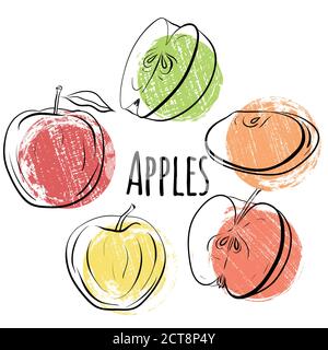 Satz von Äpfeln in verschiedenen Formen. Einzelne und Hälften von Äpfeln mit grunge farbigen Punkten. Illustration für das Menü, Rezepte, Postkarten und Ihre Kreati Stock Vektor