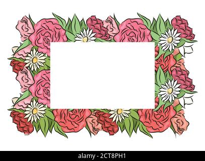 Rahmen von handgezeichneten Rosen und Kamillen mit einer Stelle unter dem Text. Vektor-Vorlage für Einladungen, Karten, Briefe und Ihr Design. Stock Vektor