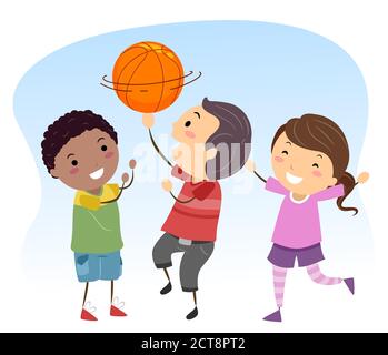 Illustration von Stickman Kids spielen Basketball mit einem Kind Boy Drehen Stockfoto