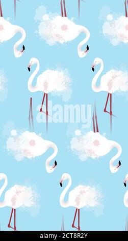 Nahtlose Textur von weißen Flamingos mit Aquarellspritzern auf blauem Hintergrund. Vektorhintergrund für Ihre Kreativität Stock Vektor