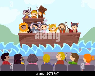 Illustration von Stickman Kids in einem Schulspiel von Noahs Ark Bibel Geschichte mit Eltern beobachten Stockfoto