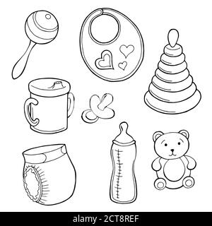 Baby Set Grafik Kunst schwarz weiß isoliert Illustration Vektor Stock Vektor