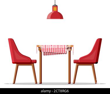 Holztisch mit Tischdecke, zwei Stühlen und Lampe. Moderne Möbel im Speisesaal, isoliert auf Weiß. Haus, Café oder Restaurant. Cartoon flache Vektor-Illustration. Stock Vektor