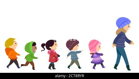 Illustration von Stickman Kids Walking to the Right Wearing Winter Kleidung, die ihrem Lehrer folgt Stockfoto