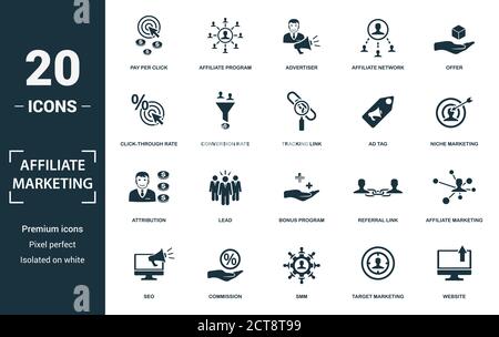 Symbolsatz für Affiliate-Marketing. Monochrom-Zeichen Sammlung mit Pay per click, Affiliate-Programm, Inserent, Affiliate-Netzwerk und über Symbole Stock Vektor
