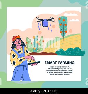 Smart Farming Banner-Vorlage mit Frau Landwirt halten Controller und Drohne fliegen über Farm Feld. Stock Vektor