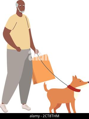 Alter Mann afro mit Tasche Einkaufen, Wandern mit Hund Maskottchen in weißem Hintergrund Vektor Illustration Design Stock Vektor