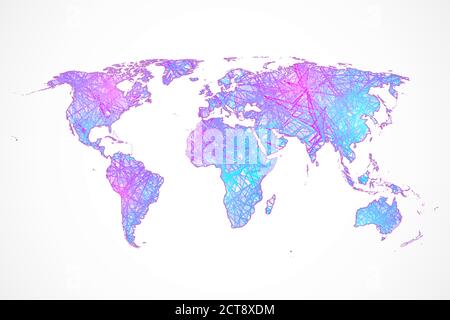 Kommunikationsnetzwerkkarte der Welt. Karte des Planeten. Plexus Weltkarte. Globales soziales Netzwerk. Blauer futuristischer Hintergrund mit Planet Erde Stock Vektor