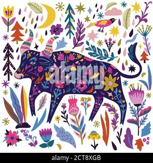 Dekorative Banner mit lustigen Cartoon Doodle Stier, Symbol 2021 Jahr, Blumen, Weihnachtsbäume und andere Stock Vektor
