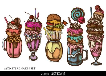 Vektor-Set von Hand gezeichnet farbigen Monster Shakes, Burger Monster schütteln Stock Vektor