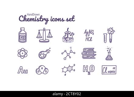 Chemie-Symbole eingestellt. Handgezeichnete chemische Piktogramme. Reagenzgläser, Reaktionen, Atom, Moleküle, Formel und andere wissenschaftliche Gegenstände. Vektorgrafik Stock Vektor