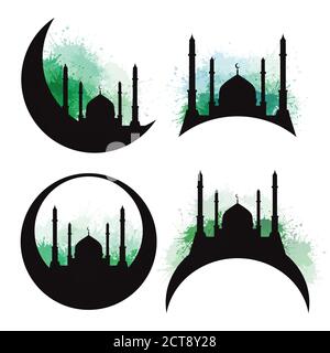 Set von Silhouetten einer Moschee mit grünen Aquarell-Spritzer. Eid al Adha. Vektorelement für Ihr Design. Stock Vektor