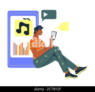 Online-Radio Podcasting Konzept mit Mann Musik auf mobile Anwendung hören. Stock Vektor
