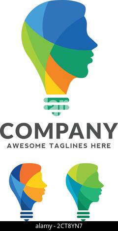 Kreative bunte Gehirn Konzept, intelligente Person Vektor-Logo, kreative Logo Kombination Glühbirne mit einem menschlichen Kopf Design Stock Vektor