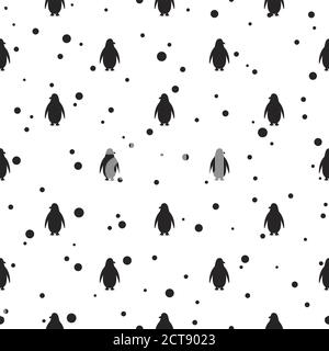 Nahtloses Muster mit antarktischen Pinguinen und Schneeflocken. Schwarz stehende Pinguin Ornament auf weiß. Winter Weihnachten Tapete. Vektorgrafik. Stock Vektor