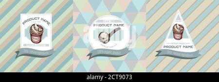 Drei farbige Etiketten mit Abbildung von Eiskübel, Eisportionierer, Eiskugeln Stock Vektor