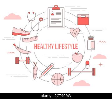 Gesundes Lifestyle-Konzept mit Icon Set Template Banner mit modernen Orangefarbenes Design Stock Vektor